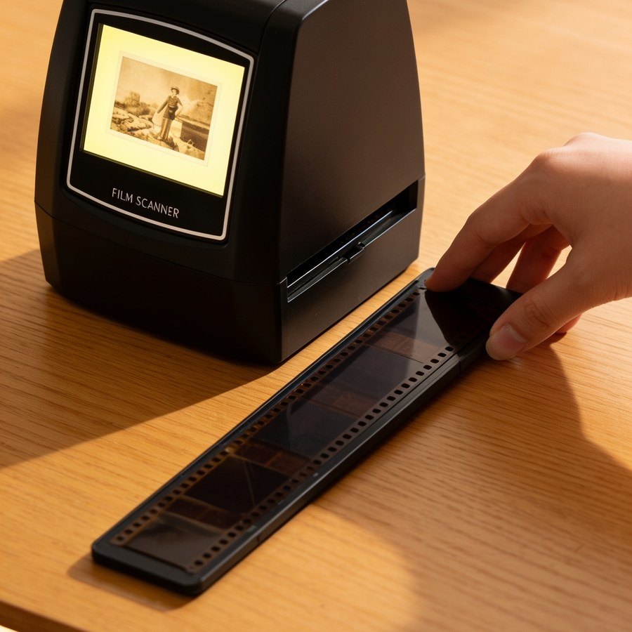 The holder slides into the slot. One button. The photo appears.